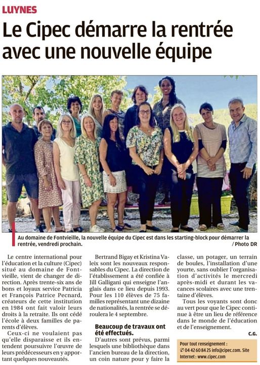 CIPEC International School - Article La Provence 30 août 2020 - New team